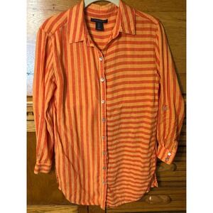 Tahari Old Money Linen Blend Striped Button Down Tunic Shirt Roll Tab Sleeve